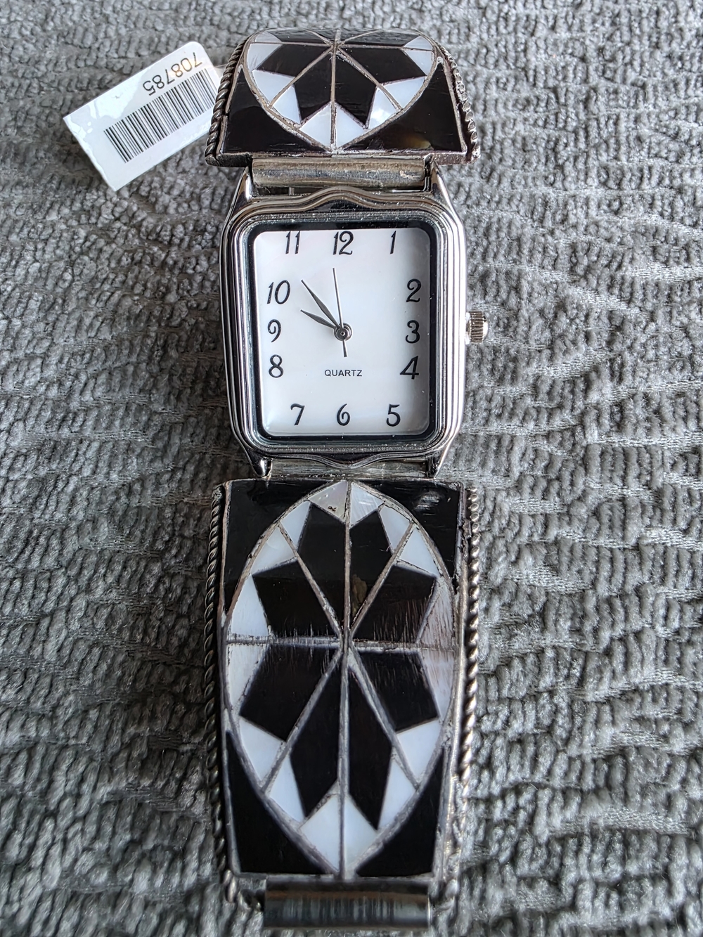 Zuni Native American Mother Of Pearl Geometric Inlay Watch Signed DC Zuni Unisex